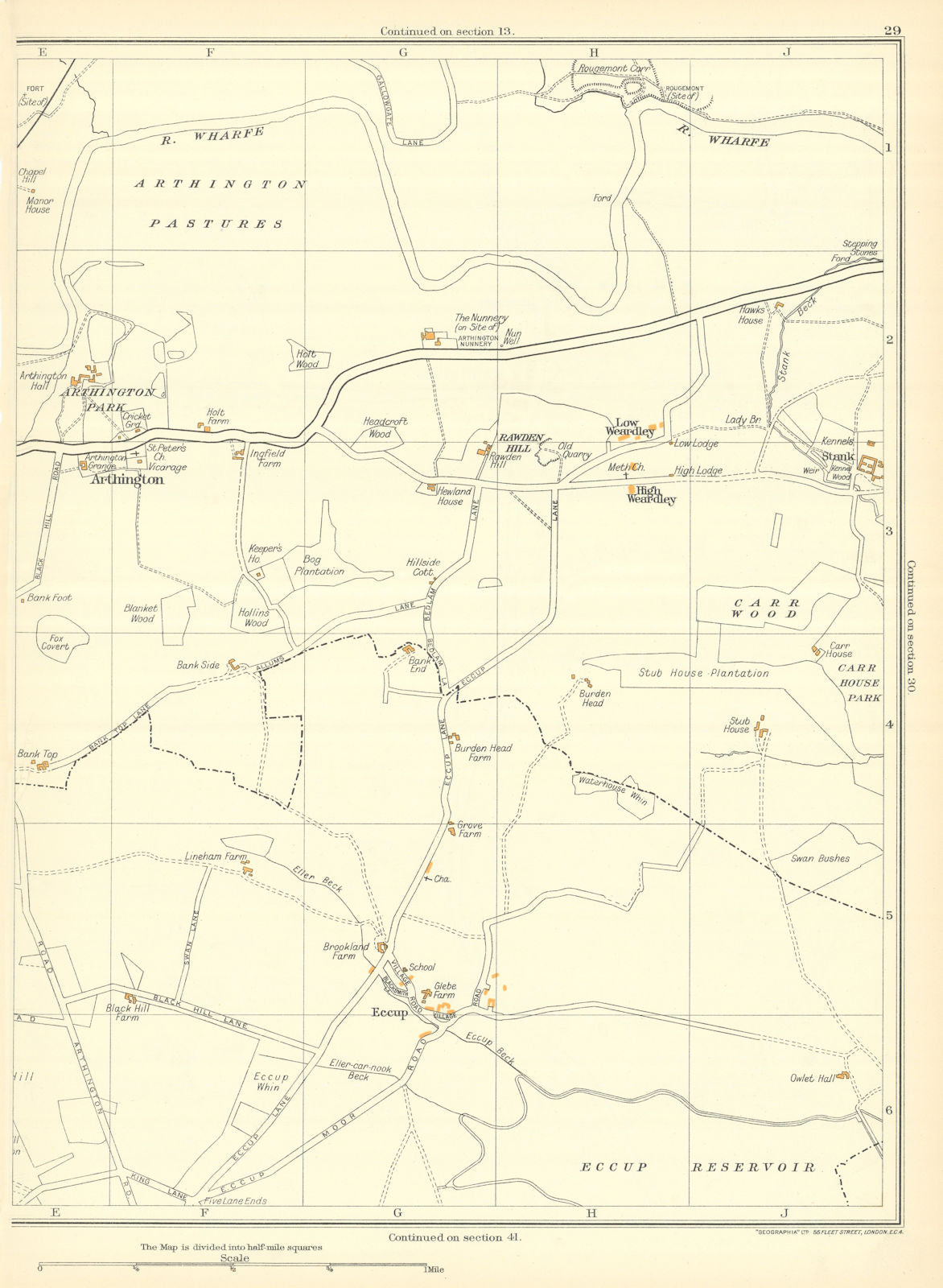 YORKSHIRE Arthington Eccup Low Weardley High Weardley Rawden Hill 1935 old map